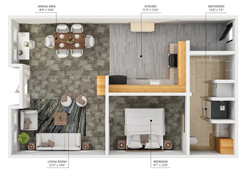 Floor plan for 1 bed, 1 bath, 631 sqft